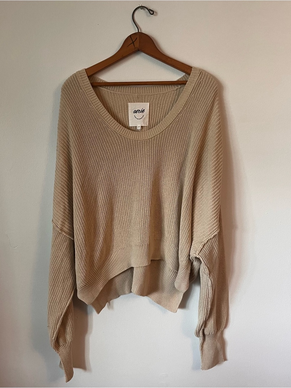 aerie Beige Ribbed Scoop-Neck Pullover Sweater
